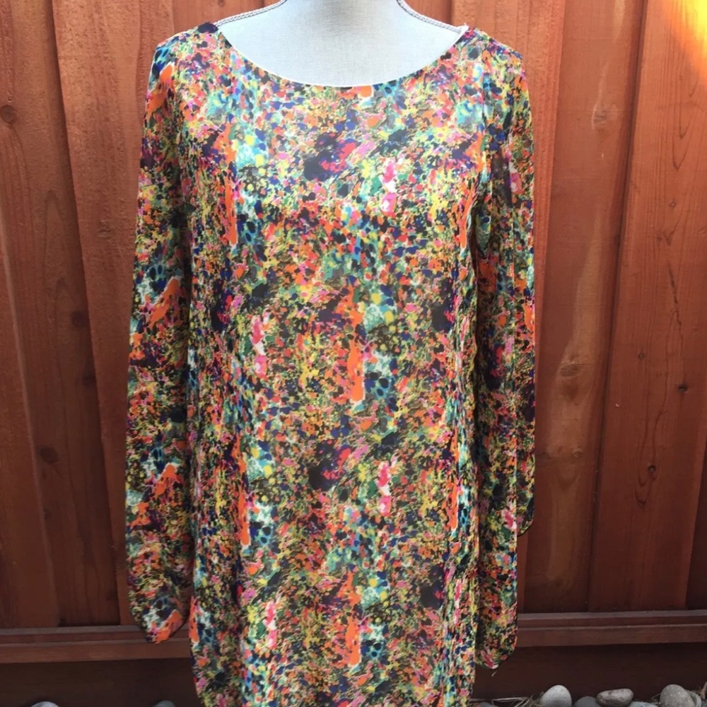 Multi-Color Shift Dress with Long Flared Sleeves